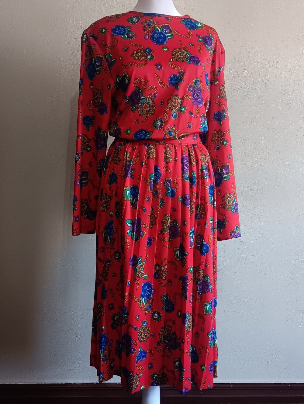 Blair Vintage Red Glam & Rose Print Floral Long Sleeve Midi Dress Womens Size 12